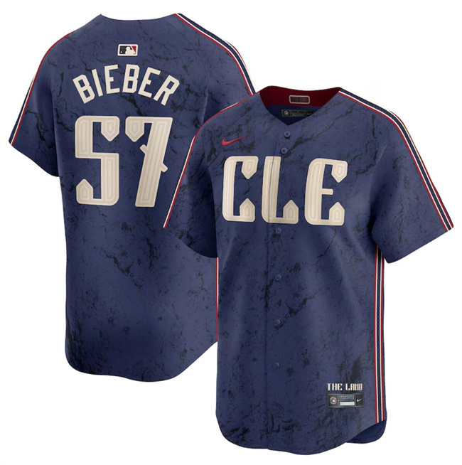 Men's Cleveland Guardians #57 Shane Bieber Navy 2024 City Connect Limited Stitched Baseball Jersey Men's Cleveland Guardians #57 Shane Bieber Navy 2024 City Connect Limited Stitched Baseball Jersey