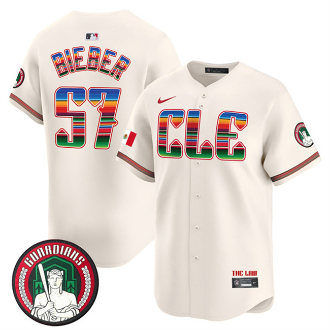 Men's Cleveland Guardians #57 Shane Bieber Cream Mexico Vapor Premier Limited Stitched Baseball Jersey Men's Cleveland Guardians #57 Shane Bieber Cream Mexico Vapor Premier Limited Stitched Baseball Jersey
