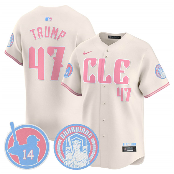Men's Cleveland Guardians #47 Donald Trump Cream Bubblegum Pink 2025 Vapor Limited Stitched Baseball Jersey Men's Cleveland Guardians #47 Donald Trump Cream Bubblegum Pink 2025 Vapor Limited Stitched Baseball Jersey