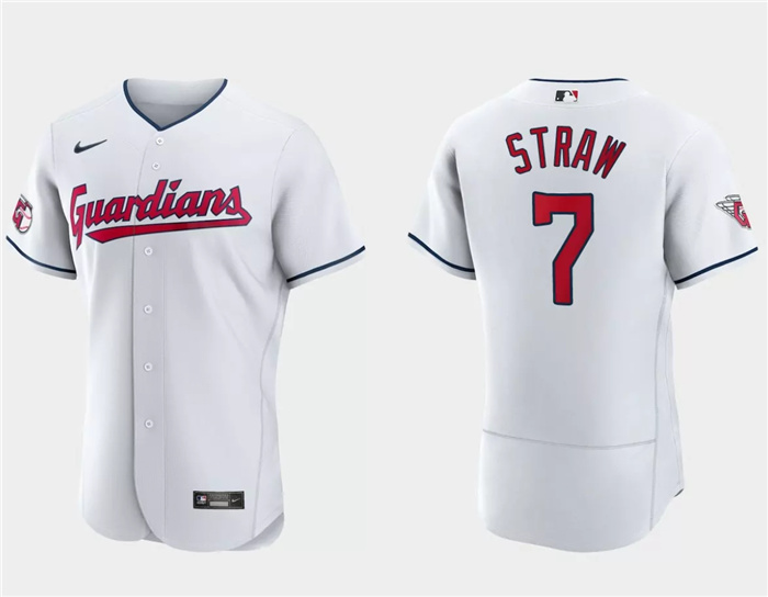 Men's Cleveland Guardians #7 Myles Straw White Flex Base Stitched Jersey Men's Cleveland Guardians #7 Myles Straw White Flex Base Stitched Jersey