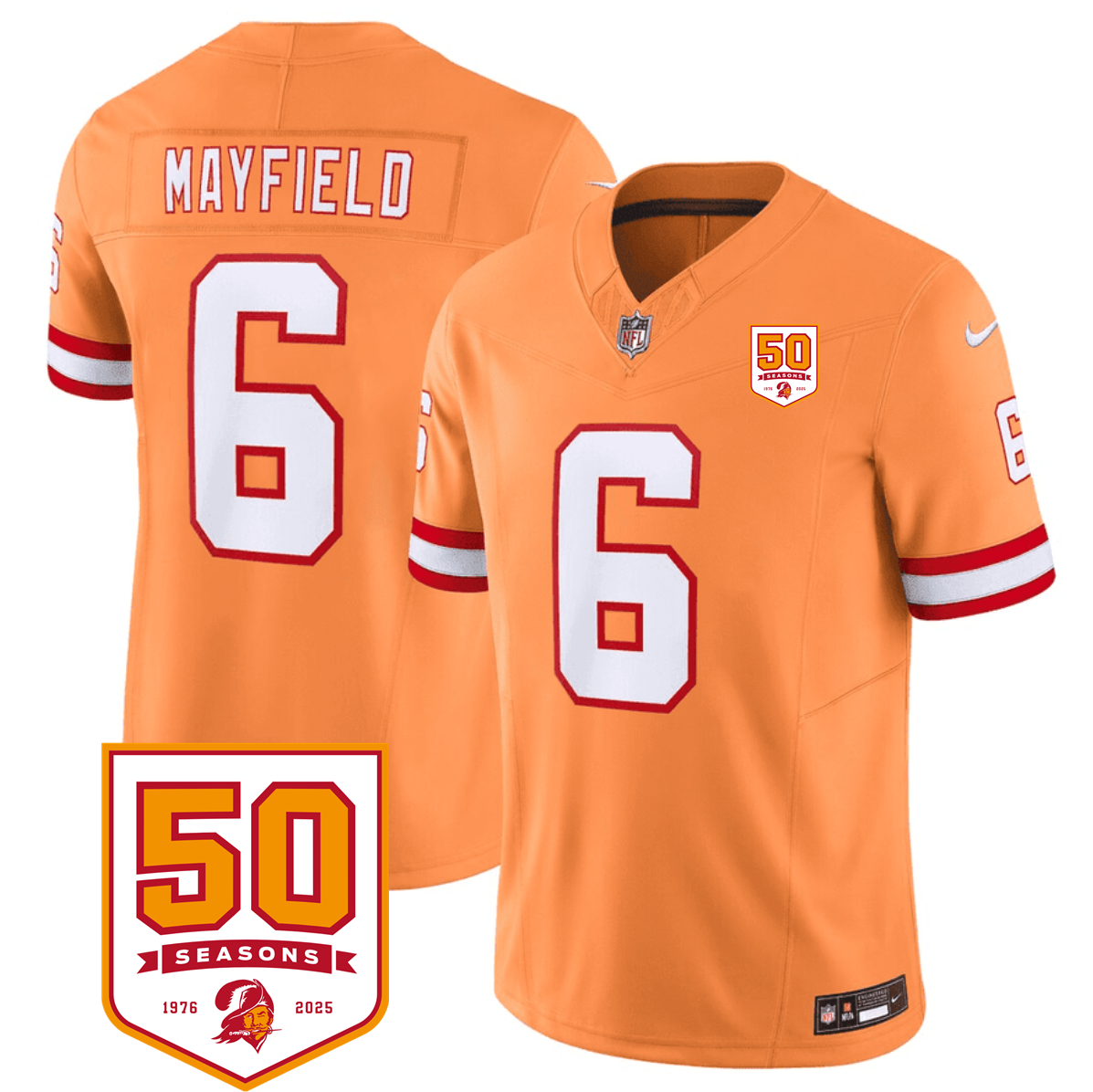 Men's Tampa Bay Buccaneers #6 Baker Mayfield Orange 2025 F.U.S.E. 50th Anniversary Patch Vapor Limited Stitched Jersey Men's Tampa Bay Buccaneers #6 Baker Mayfield Orange 2025 F.U.S.E. 50th Anniversary Patch Vapor Limited Stitched Jersey