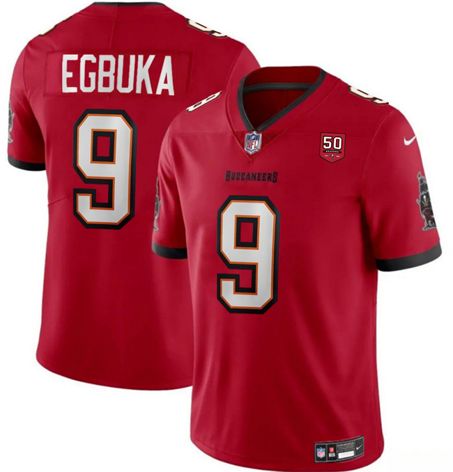 Men's Tampa Bay Buccaneers #9 Emeka Egbuka Red 2025 Draft 50th Anniversary Patch Vapor Untouchable Limited Stitched Football Jersey Men's Tampa Bay Buccaneers #9 Emeka Egbuka Red 2025 Draft 50th Anniversary Patch Vapor Untouchable Limited Stitched Football Jersey