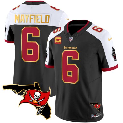 Men's Tampa Bay Buccaneers #6 Baker Mayfield Black White F.U.S.E. With 4-Star C Ptach And Florida Patch Gold Trim Vapor Stitched Jersey Men's Tampa Bay Buccaneers #6 Baker Mayfield Black White F.U.S.E. With 4-Star C Ptach And Florida Patch Gold Trim Vapor Stitched Jersey