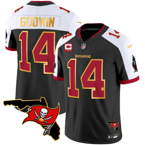 Men's Tampa Bay Buccaneers #14 Chris Godwin Black White F.U.S.E. With 1-Star C Ptach And Florida Patch Gold Trim Vapor Stitched Jersey Men's Tampa Bay Buccaneers #14 Chris Godwin Black White F.U.S.E. With 1-Star C Ptach And Florida Patch Gold Trim Vapor Stitched Jersey