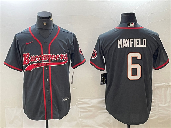 Men's Tampa Bay Buccaneers #6 Baker Mayfield Grey Cool Base Stitched Baseball Jersey Men's Tampa Bay Buccaneers #6 Baker Mayfield Grey Cool Base Stitched Baseball Jersey