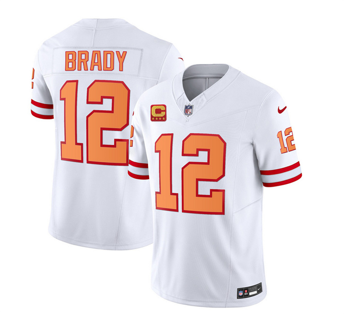 Men's Tampa Bay Buccaneers #12 Tom Brady 2023 F.U.S.E. White With 4-Star C Patch Throwback Limited Stitched Jersey Men's Tampa Bay Buccaneers #12 Tom Brady 2023 F.U.S.E. White With 4-Star C Patch Throwback Limited Stitched Jersey