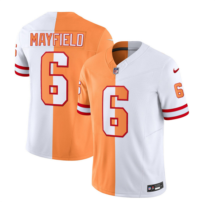 Men's Tampa Bay Buccaneers #6 Baker Mayfield 2023 F.U.S.E. White Gold Split Throwback Limited Stitched Jersey Men's Tampa Bay Buccaneers #6 Baker Mayfield 2023 F.U.S.E. White Gold Split Throwback Limited Stitched Jersey