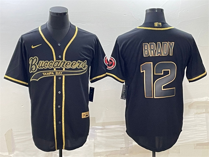 Men's Tampa Bay Buccaneers #12 Tom Brady Black Gold With Patch Cool Base Stitched Baseball Jersey Men's Tampa Bay Buccaneers #12 Tom Brady Black Gold With Patch Cool Base Stitched Baseball Jersey