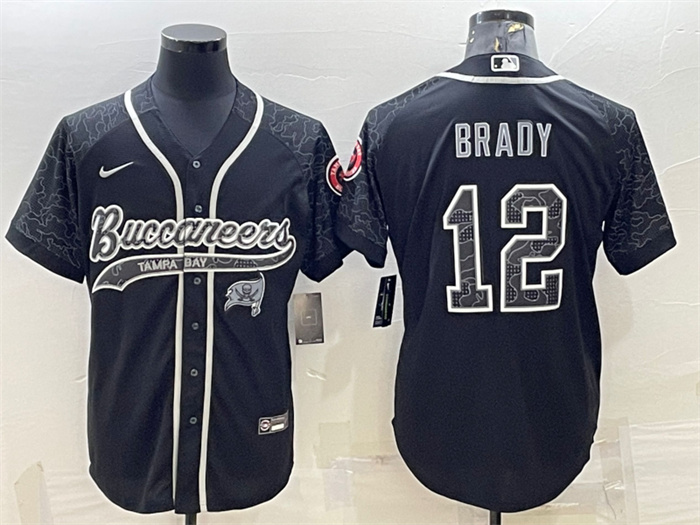 Men's Tampa Bay Buccaneers #12 Tom Brady Black Reflective With Patch Cool Base Stitched Baseball Jersey Men's Tampa Bay Buccaneers #12 Tom Brady Black Reflective With Patch Cool Base Stitched Baseball Jersey