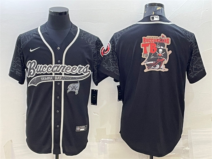 Men's Tampa Bay Buccaneers Black Reflective Team Big Logo With Patch Cool Base Stitched Baseball Jersey Men's Tampa Bay Buccaneers Black Reflective Team Big Logo With Patch Cool Base Stitched Baseball Jersey