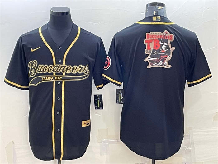 Men's Tampa Bay Buccaneers Black Gold Team Big Logo With Patch Cool Base Stitched Baseball Jersey Men's Tampa Bay Buccaneers Black Gold Team Big Logo With Patch Cool Base Stitched Baseball Jersey