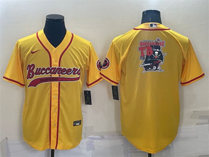 Men's Tampa Bay Buccaneers Yellow Team Big Logo With Patch Cool Base Stitched Baseball Jersey Men's Tampa Bay Buccaneers Yellow Team Big Logo With Patch Cool Base Stitched Baseball Jersey