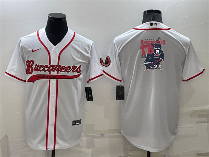 Men's Tampa Bay Buccaneers White Team Big Logo With Patch Cool Base Stitched Baseball Jersey Men's Tampa Bay Buccaneers White Team Big Logo With Patch Cool Base Stitched Baseball Jersey