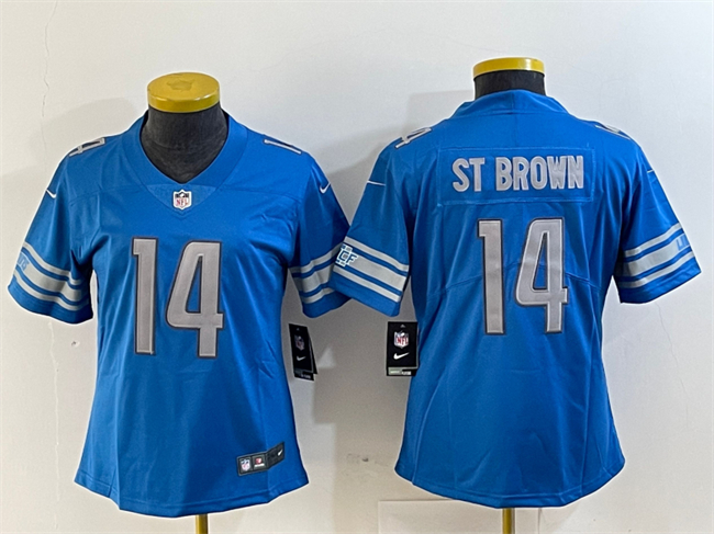 Women's Detroit Lions #14 Amon-Ra St. Brown Blue Vapor Limited Stitched Football Jersey(Run Smaller)