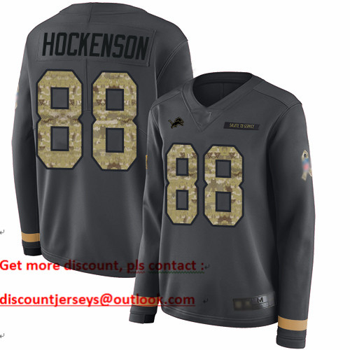 Lions #88 T.J. Hockenson Anthracite Salute to Service Women's Stitched Football Limited Therma Long Sleeve Jersey
