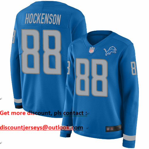 Lions #88 T.J. Hockenson Blue Team Color Women's Stitched Football Limited Therma Long Sleeve Jersey