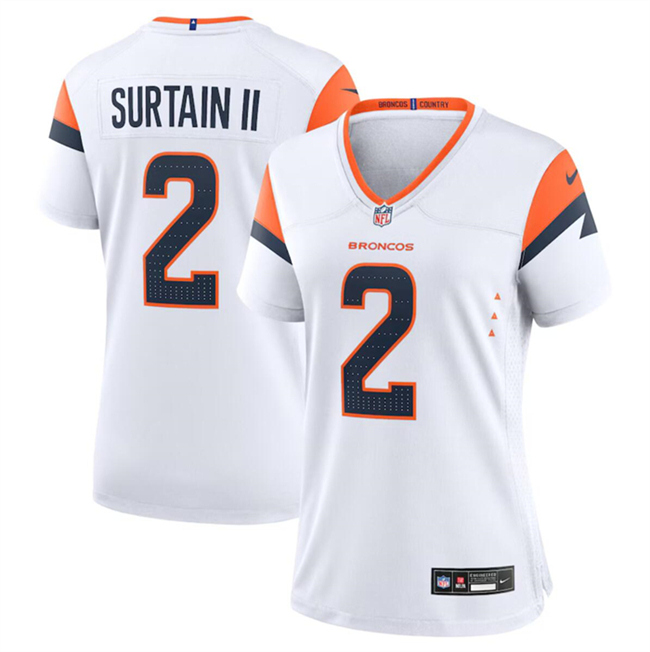 Women's Denver Broncos #2 Pat Surtain II White 2024 Stitched Jersey(Run Small) Women's Denver Broncos #2 Pat Surtain II White 2024 Stitched Jersey(Run Small)