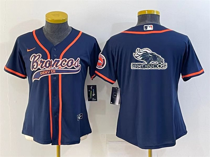 Women's Denver Broncos Navy Team Big Logo With Patch Cool Base Stitched Baseball Jersey(Run Small) Women's Denver Broncos Navy Team Big Logo With Patch Cool Base Stitched Baseball Jersey(Run Small)