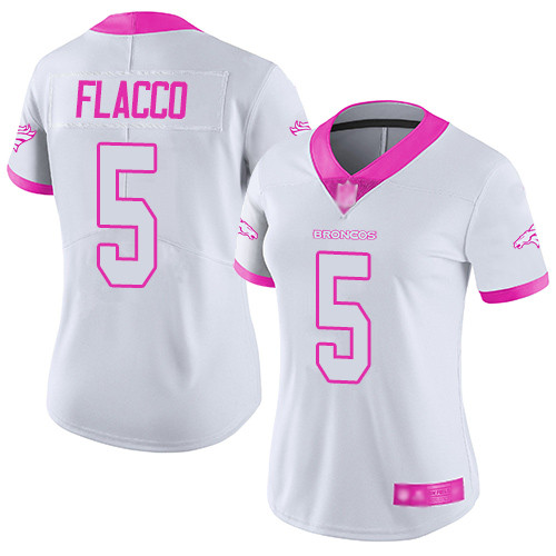 Broncos #5 Joe Flacco White Pink Women's Stitched Football Limited Rush Fashion Jersey Broncos #5 Joe Flacco White Pink Women's Stitched Football Limited Rush Fashion Jersey