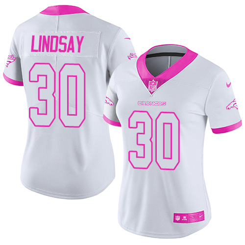 Nike Broncos #30 Phillip Lindsay White Pink Women's Stitched NFL Limited Rush Fashion Jersey Nike Broncos #30 Phillip Lindsay White Pink Women's Stitched NFL Limited Rush Fashion Jersey