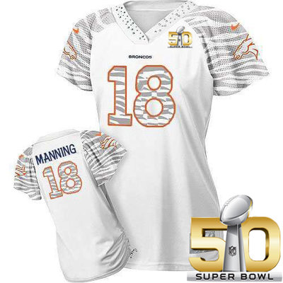 Nike Broncos #18 Peyton Manning White Super Bowl 50 Women's Zebra Field Flirt Stitched NFL Elite Jersey Nike Broncos #18 Peyton Manning White Super Bowl 50 Women's Zebra Field Flirt Stitched NFL Elite Jersey