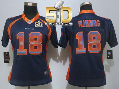 Nike Broncos #18 Peyton Manning Blue Alternate Super Bowl 50 Women's Stitched NFL Elite Strobe Jersey