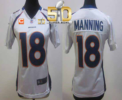 Nike Broncos #18 Peyton Manning White With C Patch Super Bowl 50 Women's Stitched NFL Elite Jersey Nike Broncos #18 Peyton Manning White With C Patch Super Bowl 50 Women's Stitched NFL Elite Jersey