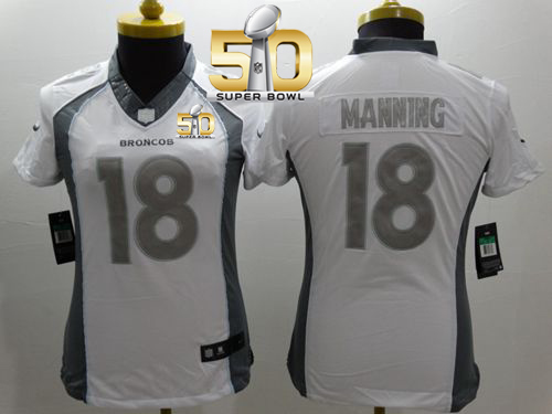 Nike Broncos #18 Peyton Manning White Super Bowl 50 Women's Stitched NFL Limited Platinum Jersey Nike Broncos #18 Peyton Manning White Super Bowl 50 Women's Stitched NFL Limited Platinum Jersey