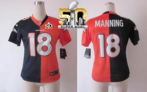 Nike Broncos #18 Peyton Manning OrangeBlue Super Bowl 50 Women's Stitched NFL Elite Split Jersey