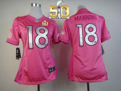 Nike Broncos #18 Peyton Manning Pink Super Bowl 50 Women's Be Luv'd Stitched NFL Elite Jersey Nike Broncos #18 Peyton Manning Pink Super Bowl 50 Women's Be Luv'd Stitched NFL Elite Jersey