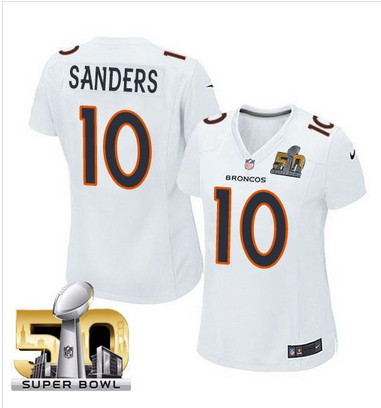 Nike Broncos #10 Emmanuel Sanders White Super Bowl 50 Women's Stitched NFL Game Event Jersey