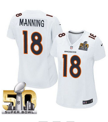 Nike Broncos #18 Peyton Manning White Super Bowl 50 Women's Stitched NFL Game Event Jersey Nike Broncos #18 Peyton Manning White Super Bowl 50 Women's Stitched NFL Game Event Jersey
