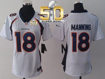 Nike Broncos #18 Peyton Manning White Super Bowl 50 Women's Stitched NFL New Elite Jersey