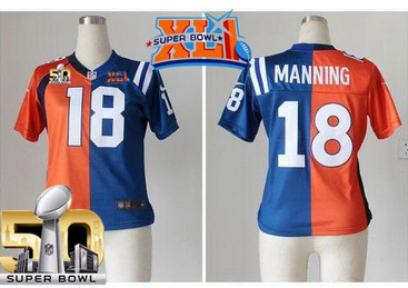 Nike Broncos #18 Peyton Manning OrangeBlue Super Bowl XLI & Super Bowl 50 Women's Stitched NFL Elite Split Colts Jersey