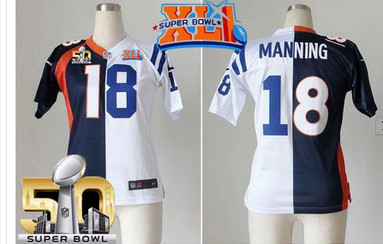 Nike Broncos #18 Peyton Manning BlueWhite Super Bowl XLI & Super Bowl 50 Women's Stitched NFL Elite Split Colts Jersey