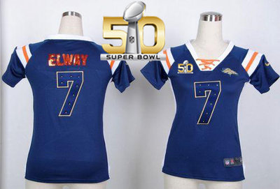 Nike Broncos #7 John Elway Navy Blue Super Bowl 50 Women's Stitched NFL Elite Draft Him Shimmer Jersey