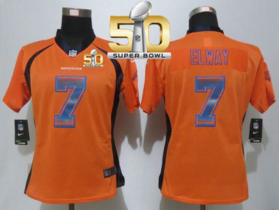 Nike Broncos #7 John Elway Orange Team Color Super Bowl 50 Women's Stitched NFL Elite Strobe Jersey