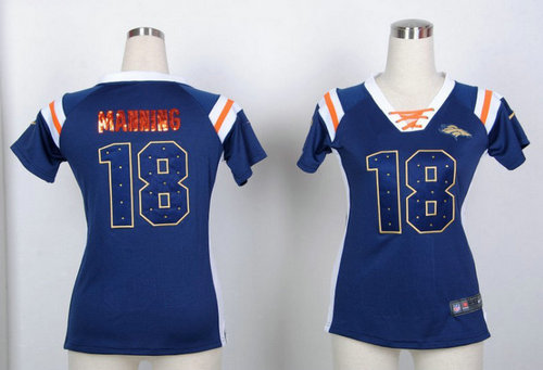 Denver Broncos 18 Peyton Manning Women's Draft Him Shimmer V-Neck T-Shirt - Navy Blue Denver Broncos 18 Peyton Manning Women's Draft Him Shimmer V-Neck T-Shirt - Navy Blue