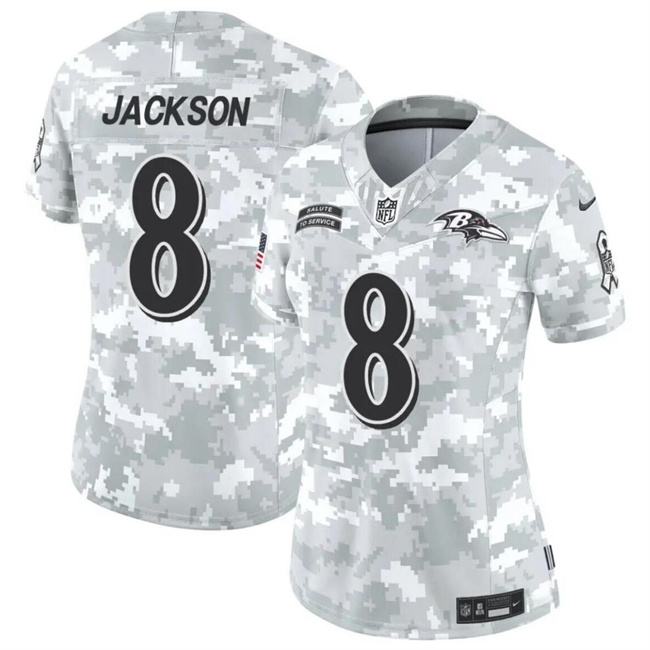 Women's Baltimore Ravens #8 Lamar Jackson 2024 F.U.S.E Arctic Camo Salute To Service Limited Stitched Football Jersey(Run Small) Women's Baltimore Ravens #8 Lamar Jackson 2024 F.U.S.E Arctic Camo Salute To Service Limited Stitched Football Jersey(Run Small)
