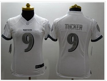 Women's NEW Ravens #9 Justin Tucker White Stitched NFL Limited Platinum Jersey Women's NEW Ravens #9 Justin Tucker White Stitched NFL Limited Platinum Jersey