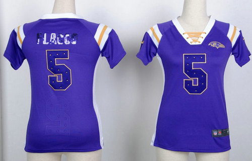 Baltimore Ravens 5 Joe Flacco Womens Draft Him Shimmer V-Neck T-Shirt - Purple