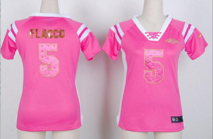NEW Baltimore Ravens Joe Flacco 5 Women Draft Him Shimmer V-Neck T-Shirt - Pink NEW Baltimore Ravens Joe Flacco 5 Women Draft Him Shimmer V-Neck T-Shirt - Pink