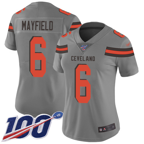 Browns #6 Baker Mayfield Gray Women's Stitched Football Limited Inverted Legend 100th Season Jersey Browns #6 Baker Mayfield Gray Women's Stitched Football Limited Inverted Legend 100th Season Jersey