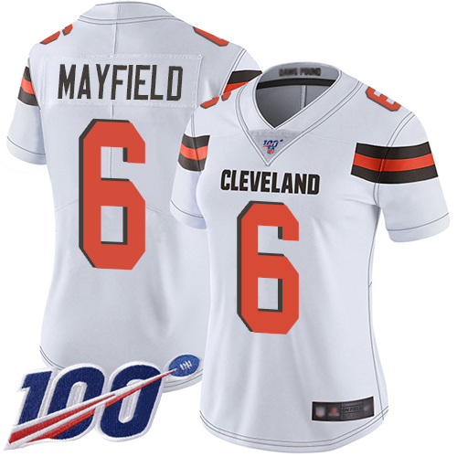 Browns #6 Baker Mayfield White Women's Stitched Football 100th Season Vapor Limited Jersey Browns #6 Baker Mayfield White Women's Stitched Football 100th Season Vapor Limited Jersey