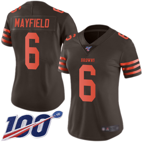 Browns #6 Baker Mayfield Brown Women's Stitched Football Limited Rush 100th Season Jersey Browns #6 Baker Mayfield Brown Women's Stitched Football Limited Rush 100th Season Jersey