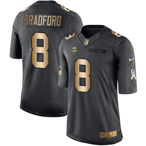 Nike Vikings #8 Sam Bradford Black Youth Stitched NFL Limited Gold Salute to Service Jersey Nike Vikings #8 Sam Bradford Black Youth Stitched NFL Limited Gold Salute to Service Jersey