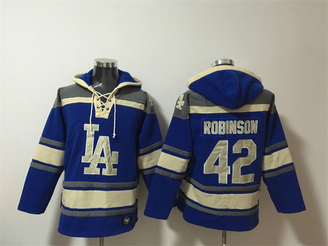 Men's Los Angeles Dodgers #42 Jackie Robinson Blue Ageless Must-Have Lace-Up Pullover Hoodie Men's Los Angeles Dodgers #42 Jackie Robinson Blue Ageless Must-Have Lace-Up Pullover Hoodie