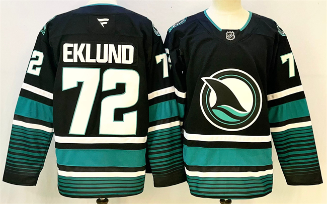 Men's San Jose Sharks #72 William Eklund Black 2024-25 Alternate Stitched Hockey Jersey Men's San Jose Sharks #72 William Eklund Black 2024-25 Alternate Stitched Hockey Jersey