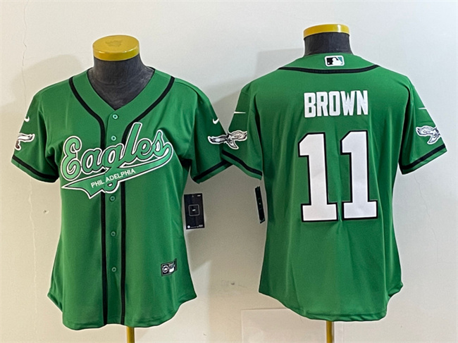Women's Philadelphia Eagles #11 A. J. Brown Green Cool Base Stitched Baseball Jersey(Run Small) Women's Philadelphia Eagles #11 A. J. Brown Green Cool Base Stitched Baseball Jersey(Run Small)