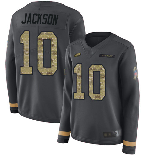 Eagles #10 DeSean Jackson Anthracite Salute to Service Women's Stitched Football Limited Therma Long Sleeve Jersey Eagles #10 DeSean Jackson Anthracite Salute to Service Women's Stitched Football Limited Therma Long Sleeve Jersey